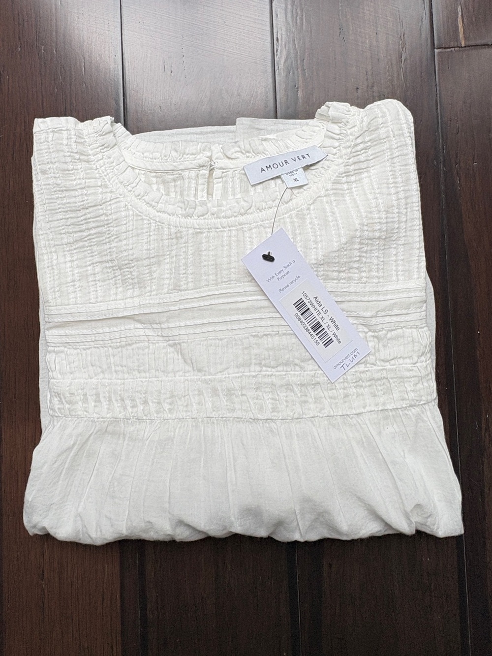 Amour Vert Women's White Smocked Cotton Top XL, NWT $80